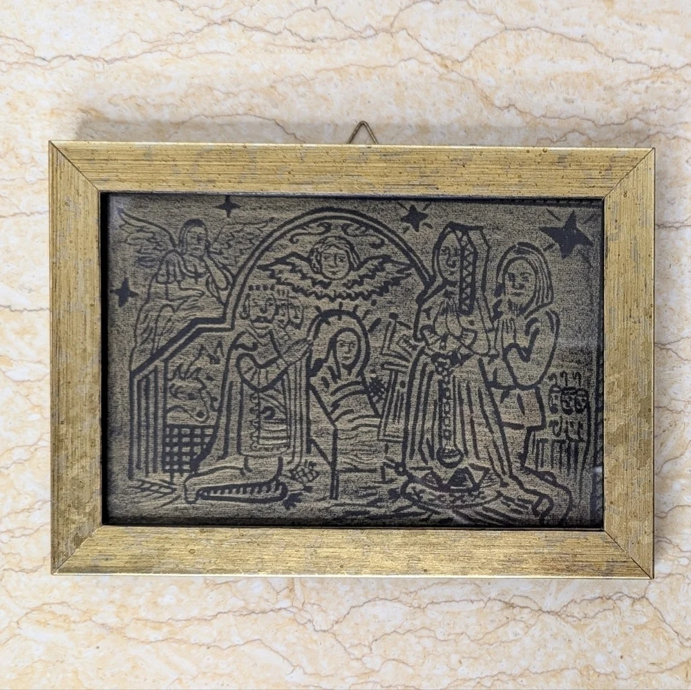 Antique Religious Engraved Copper Framed Plaque Nativity Christmas Manger Scene